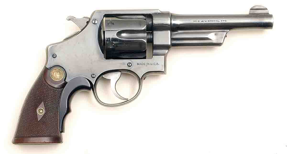 In 1930, Smith & Wesson introduced its first .38 Special revolvers on .44 frames, including the Heavy Duty (top) and Outdoorsman (bottom). Later they became the Models 20 and 23.